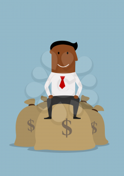 Joyful smiling businessman sitting on money bags. Financial success, prosperity and wealth concept
