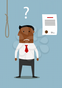 Depressed african american businessman choosing between debt noose and bankruptcy. Difficult choice or financial failure concept
