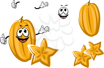 Ripe yellow cartoon tropical carambola fruit with star shape slice and happy smiling face. Healthy dessert recipe or menu design