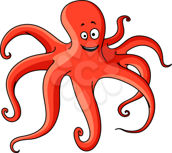 Atlantic ocean red octopus cartoon animal with long tentacles and cheerful smile. Marine adventure or wildlife design