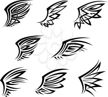 Black tribal wings with abstract decorative feathers. Design elements for tattoo, t-shirt print or emblems