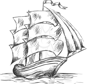 Marine sketch of old ship under full sails with flag on mast. Marine adventure or nautical theme design