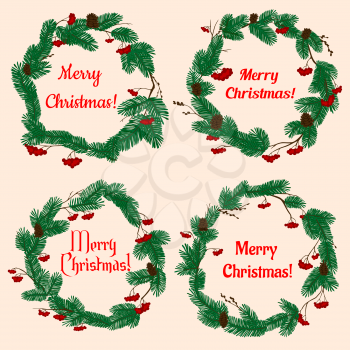 Christmas wreaths with winter holiday decorations with lush green pine, cones, red holly berries and text Merry Christmas