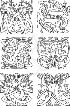 Celtic animal knot ornaments of mythical dragons or beasts with curved wings and tails, arranged in tribal pattern. Use as tattoo, coat of arms or emblem design 