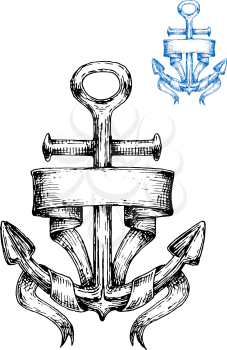 Vintage marine anchor wrapped with blank ribbon banner, sketch style. May be use for nautical symbol or navy heraldry design 
