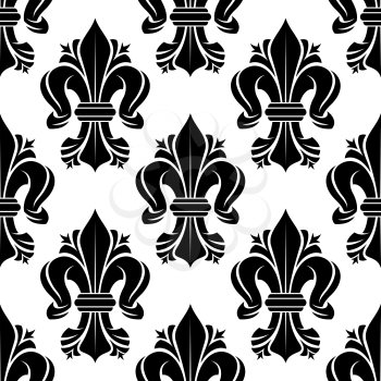 Black and white seamless fleur-de-lis floral pattern with curled lilies. Wallpaper, textile or interior usage