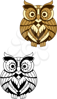 Cartoon brown owl bird with long eyelashes around big eyes. Education mascot or halloween usage