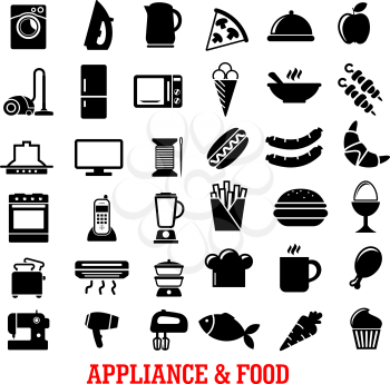 Food and home appliance flat icons with coffee, chicken leg, refrigerator, iron, microwave, tv, stove, vacuum, blender, pizza, washing machine, cake dish, fan fish toaster kettle apple french fries 