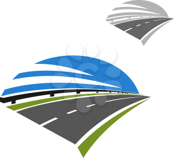 Speed freeway icon with guardrail and blue sky above. Use as travel, transportation or journey design