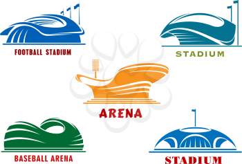 Modern sport open stadiums and cup shaped arenas icons with colorful abstract buildings, flagpoles and mast with projectors. Architecture and sporting themes design 