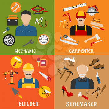 Construction and service industry professions flat icons with professional builder, carpenter, auto mechanic and shoemaker with tools, equipments and machinery 