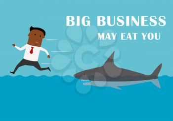 Scared african american businessman running away from dangerous competitor of big business angry shark. Big business may eat you, cartoon business concept 