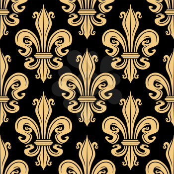 Seamless golden royal fleur-de-lis pattern of french floral ornament over black background. For heraldry, wallpaper or textile design usage