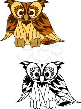 Wild forest yellow owl with curly brown feathers on the wings and tail. Cartoon and colorless bird for mascot, emblem of Halloween decoration