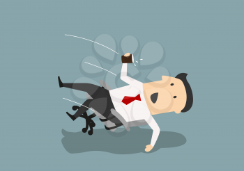 Cartoon careless businessman falls backwards in an office chair. Accident at workplace concept
