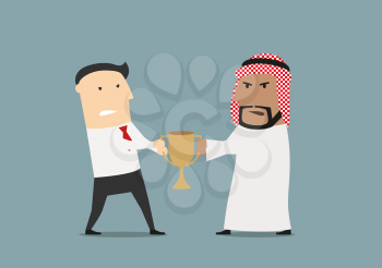 Business competition and rivalry concept design with angry european and arab businessmen which fighting over a golden trophy cup