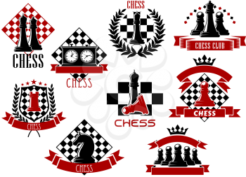 Retro sporting emblems and icons of chess game with chessboards, clock,queens, kings, rook, knight and pawns pieces, framed by wreaths, ribbon banners, crowns and stars. Red, white and black colours