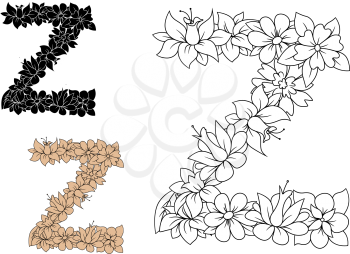 Capital letter Z decorated by vintage floral ornament with cornflowers, daisies and orchids. Colorless, black and brown color variations