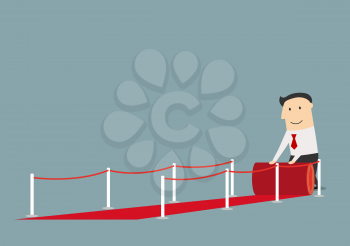 Cheerful cartoon businessman rolling out the red carpet between barriers.  Success business concept design