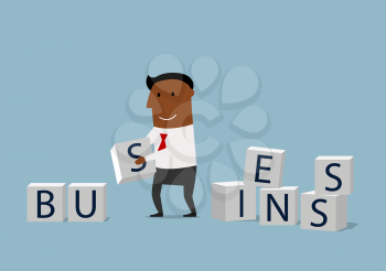 Enthusiastic businessman composing word Business from pile of alphabet block cubes. Concept of building your business