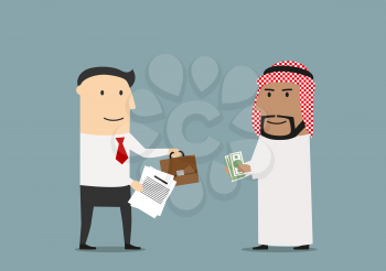 Cheerful cartoon arabian and european businessmen are exchanging money, part of business and briefcase after signing of contracts. International agreement and partnership concept usage