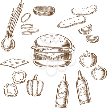 Sketch of tasty burger with tomato, pepper, onion, beef patty, cucumber, mustard, ketchup and cheese ingredients