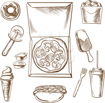 Takeaway food sketch icons with an overhead view a pizza in a box surrounded by a pastry wheel, hot dog, donut, ice cream, chicken, condiments and soda drink