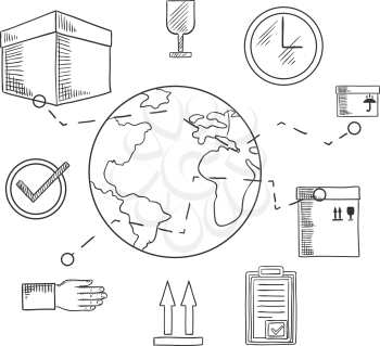 International shipping and delivery service icons of cardboard boxes with packaging symbols, order list and clock with globe and caption Shipping below. Sketch style illustration
