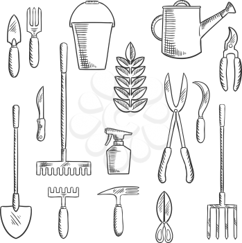 Hand gardening tools sketched icons with trowel, knife, fork, shears, rake, scissors, spray bottle, weeding hoe, sickle and watering can. Sketch style objects