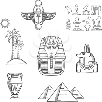 Egypt travel and culture icons with Giza pyramids, pharaoh golden mask, ancient hieroglyphics, scarab amulet, anubis god, amphora and beach landscape of palm trees with sun. Sketch style