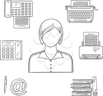 Secretary profession sketched icons with telephone, fax, folders with documents, pen, printer, mail, typewriter and elegant young woman