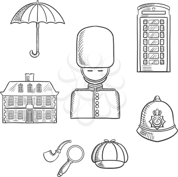 United Kingdom travel sketch icons and symbols with guard soldier, telephone booth, police helmet, detective cap, pipe and magnifier, umbrella and old building