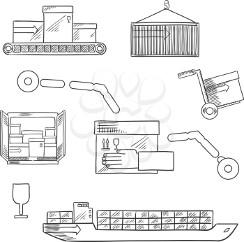 Shipping and delivery service sketch icons with cargo ship, containers, hand truck and conveyor belt with post boxes