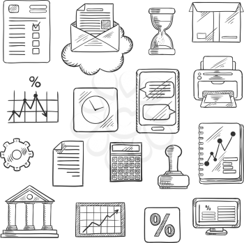 Business, financial and office sketched icons with computer, report, financial charts, graph, smartphone, letter and delivery box, bank, rubber stamp and calculator, wall clock and hourglass, printer,