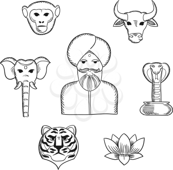 Indian nature and national symbols in sketch style with indian man in turban with holy cow, elephant, cobra, monkey, lotus, tiger. For travel design usage