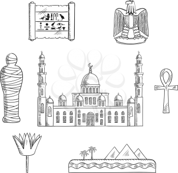 Egypt travel sketched icons with Cairo mosque, pharaoh mummy, desert landscape with pyramids and sea, sacred lotus flower, papyrus with hieroglyphics, eagle emblem and ankh symbol. Sketch syle illustr