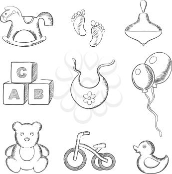 Baby sketched icons with rocking horse, duck, spinning top, abc blocks, bib, balloons, tricycle and footprints. Sketch style