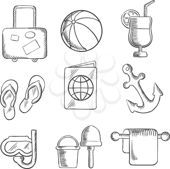 Summer vacation and travel sketched icons depicting luggage,beach ball, cocktail drink, thongs, ticket, passport, anchor, snorkeling, bucket and spade. Sketch style
