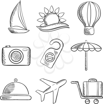 Set of travel and tourism sketched icons with a yacht, hot air balloon, tropical sun, camera, beach umbrella, food, airplane. luggage and a do not disturb sign. Sketch style
