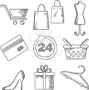 Business, retail and shopping sketched icons of shopping cart, bags, tailors dummy, stiletto shoe, dress size, gift, hanger, credit card and shopping bag. Sketch style
