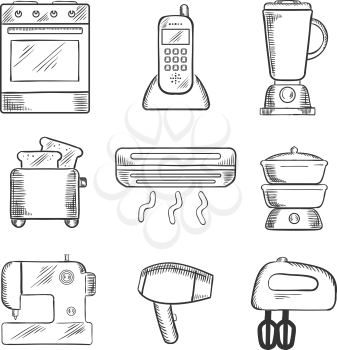 Home appliance sketched icons set with on oven, telephone, liquidizer, toaster, heater, steamer, sewing machine, hairdryer and egg beater. sketch style