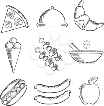 Food icons with a slice of pizza, dome, apple, ice cream cone, kebabs, hot dog, sausages, a croissant and a bowl of hot food. Sketch style icons