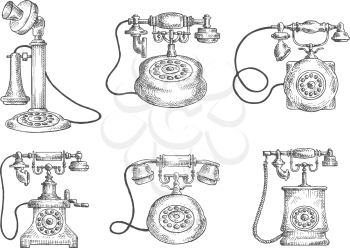 Vintage rotary dial telephones isolated icons, sketch style objects. For telecommunication or retro concept design