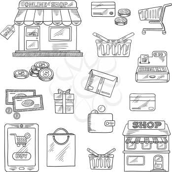 Shopping and retail icons in sketch style of online shop, sale tag, tablet pc and buy button, money, credit card, shopping cart, basket and bag, store, wallet, cash register, gift and delivery box