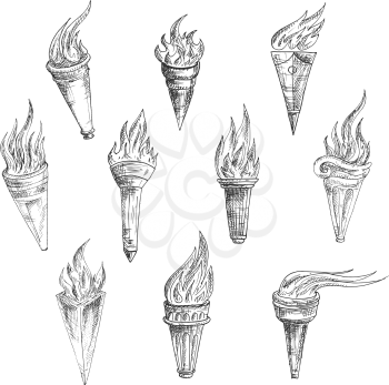 Sketched flaming torches in vintage style. Peace, sport, heraldic and history design usage