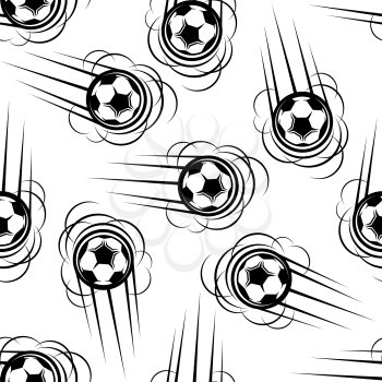 Flying football or soccer balls seamless pattern with motion trails on white background