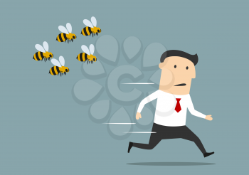 Cartoon businessman was attacked by swarm of angry wild bees and running away from dangerous insects. Insect sting allergy danger, healthcare concept design
