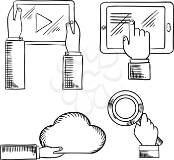 Internet communication technologies concept design for cloud computing, social media network and search service with sketch icons of hands with tablet computers, cloud and magnifying glass