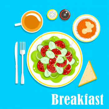 Vegetarian organic breakfast menu of fresh vegetable salad with sliced tomato, cucumber and onion served on lettuce, shredded carrot with cream, cup of tea, bread, salt and pepper shakers. Flat style