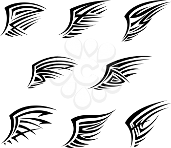 Black wings in tribal tattoo style. Abstract outspread wings of birds or angels with intricate ornament. For tattoo or religious design usage